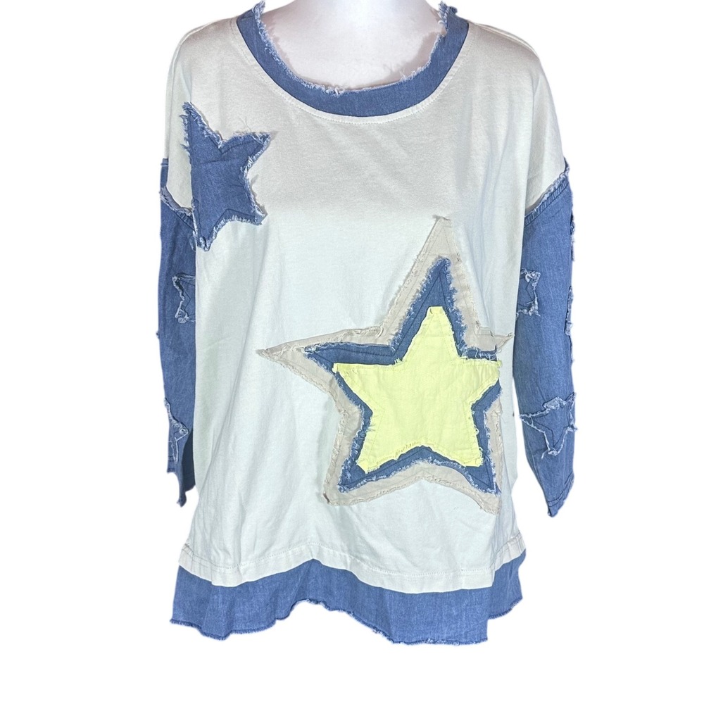 Blue Velvet Top NWT Women S Oatmeal Star Patch Denim Contrast BT30136JS